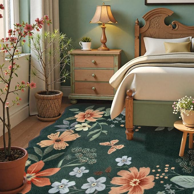 Lahome Floral Washable 6x9 Area Rugs, Soft Bedroom Rug for Living Room | Ultra-Thin Non Slip Dining Room Rug, Stain Resistant Boho Rugs Throw Carpet for Office Flore (6'x9',Dark Green)