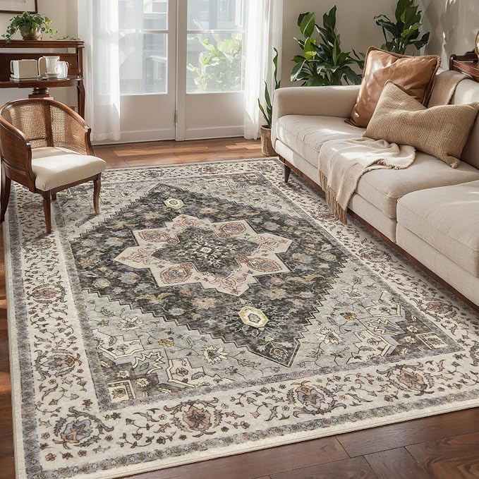 Tangsoo 3x5 Washable Area Rugs, Farmhouse Non Slip Accent Rugs for Entryway | Vintage Print Indoor Carpet, Boho Soft Low Pile Rug for Living Room Dorm Bedroom Bedside Bathroom Entrance Grey Home Decor