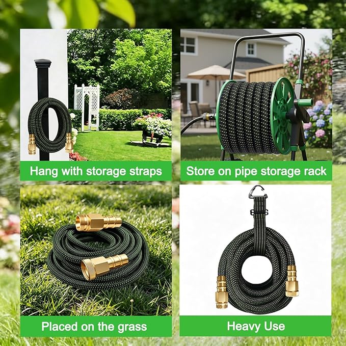 50FT Flexible Garden Hose & 10Modes Nozzle,Lightweight Water Hose,Kink-Free,All-Weather 3/4 in. NoneExpanding Hose for RV,Boat,Car Wash,Garden,Yard,Camper,Outdoor (Green-Black, 50Ft)