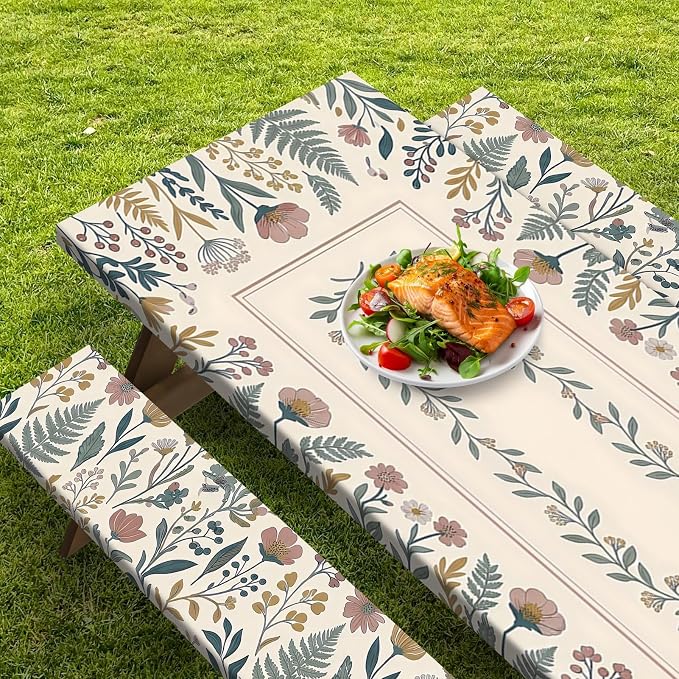 Picnic Table Cover with Bench Covers Elastic Edges, Floral Vintage Camper Fitted Table Cover, Outdoor Camping Essentials 72 Inch 3PCS, Waterproof Camping Fitted Tablecloth with Drawstring Bag