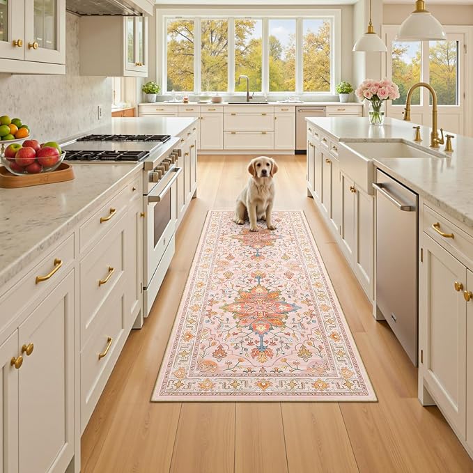 RELEANY Washable Area Rug, Runner 2'x5', Pink/Light Pink/Colorful | Non-Slip, Water Repellent, Pet Friendly, Easy to Clean, Vintage Floral Boho Decor for Kitchen Entry Bedroom Bedside Laundry