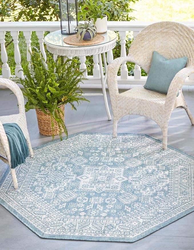 Unique Loom Outdoor Aztec Collection Area Rug - Chalca (5' 3" Octagon, Aqua/ Ivory)