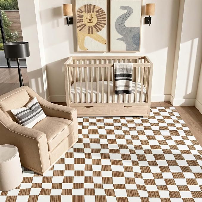 jinchan 6x9 Area Rug Washable Modern Checkered Rug for Kids Room, Brown | Geometric Lattice, Soft, Non-Slip, Floor Carpet, Kitchen, Nursery, Bedroom, Living Room, Dining Room, Nursery, Playroom
