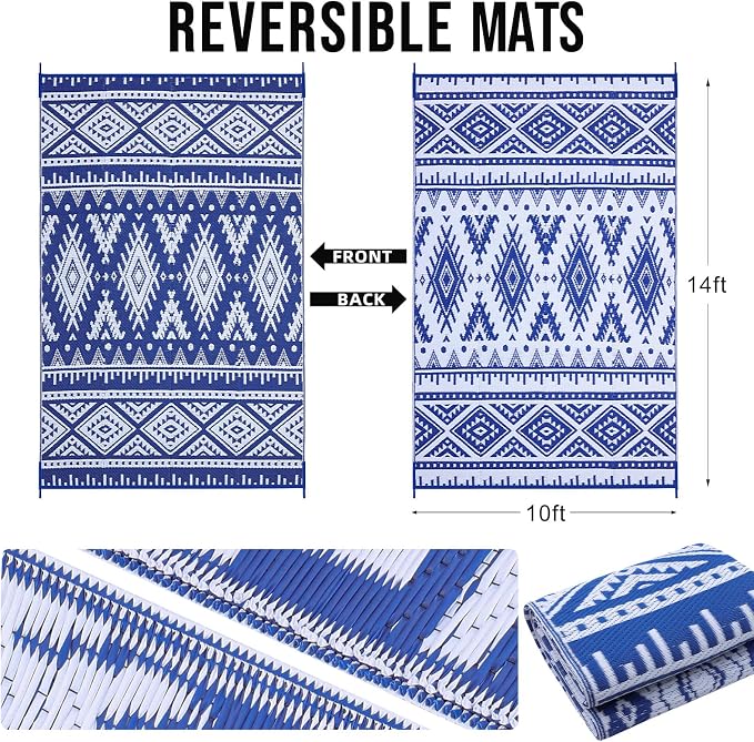 OLANLY Outdoor Rug Waterproof 10x14 ft, Reversible Outdoor Plastic Straw Rug, Boho Patio Rug, Indoor Outdoor Carpet, RV Mat Outside for Patio, Camp, Picnic, Balcony, Deck, Backyard, Blue & White