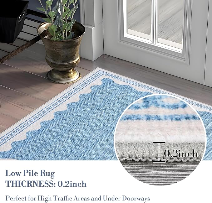 2.5x8 Scalloped Runners Blue Washable Hallways Bedroom Rug | Solid Non Slip Scalloped Bath Runner, Rugs for Bedroom Girls, Rugs for Kitchen Floor Soft Dorm Nursery Carpet for Bedside