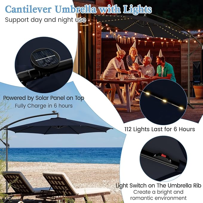 HAPPYGRILL 10FT Cantilever Patio Umbrella with Solar Lights, Outdoor Hanging Offset Umbrella with 112 LED Lights, Tilt Design, Crank Handle, Cross Base Stand for Garden Yard Deck