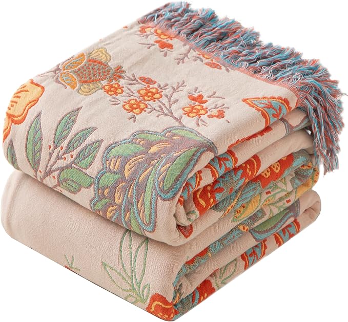 Phuryllic Boho Throw Blanket Throw Size, Soft Cozy Cotton Muslin Quilt Blanket for Bed Decor, Bird Patterned Couch Sofa Chair Cover, Vintage Farmhouse Cottage Tapestry Woven Blanket, Coral&Green