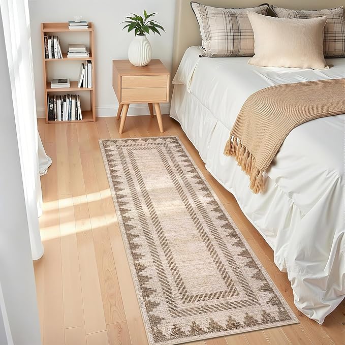 GarveeHome Modern Geometric Runner Rug 2x6 Washable Hallway Runner Unique Bordered Neutral Bathroom Rug Non Slip, Non Shedding Stain-Resistant Kitchen Mat, Soft Low Pile Neutral Carpet for Laundry,Tan