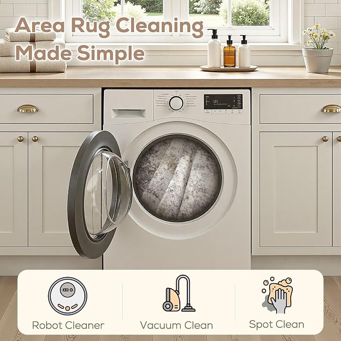 Nakagishi 8X8 Abstract Washable Area Rugs for Living Room-Brown Grey | Modern Non-Slip Silicone Backing Low Pile Soft Carpet for Bedroom Dining Decor Ideal for Families with Kids and Pets