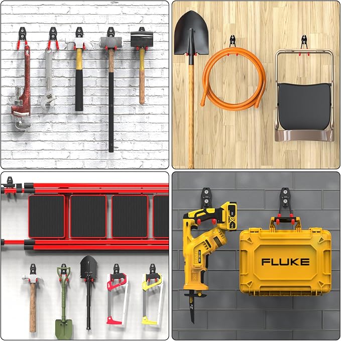 3-H Heavy Duty Garage Wall Hooks 8 Pack, 4.3 Inch Same Size, Anti-Slip PVC Coating Wall Mount Garage Storage Hooks for Ladders, Yard Tools, Shovel, Weed Eater, Hoses,Red
