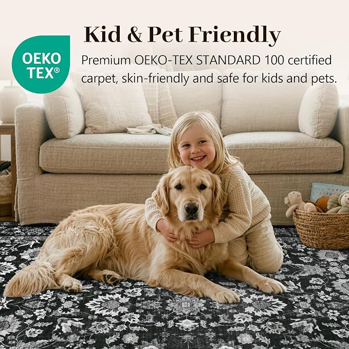 9x12 Ft Extra Large Area Rugs for Living Room, Soft Non-Slip Machine Washable Rug, Vintage Stain Resistant Carpets for Bedroom Nursery Dining Room Home Decor (Black)