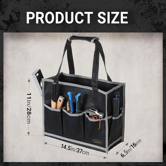 Waxed Canvas Tool Pouch,1 Large Capacity Pocket & 14 Pockets Garden Tool Storage Bag, 14.5 X 6.5 X 11 inch Muti-Purpose Tool Bag with Padded Handle | Black