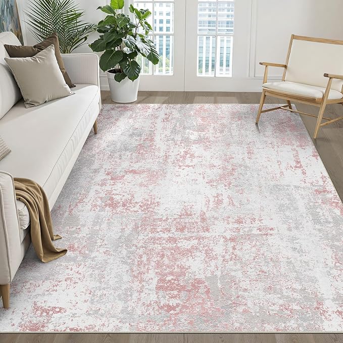 LOONGRUG 6x9 Area Rug Washable Neutral Modern Rug for Living Room Pink Gray | Abstract Soft Stain Resistant Indoor Non-Slip Carpet for Bedroom Nursery Kids Office Playroom Dining Room