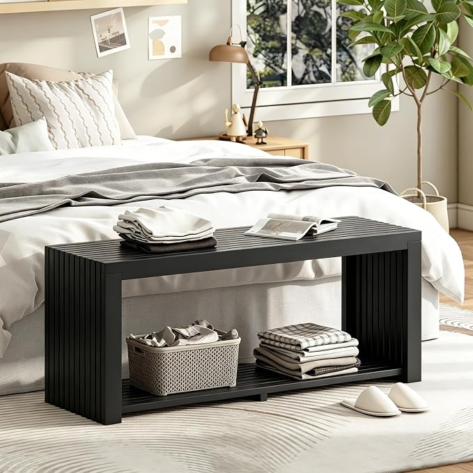 Bamboo Bench with Shelf, 35'' Entryway Bench Seat, Black | Shoe Bench for Entryway, Hallway, Doorway, Modern Benches for End of Bed Bench, Low Bench for Window