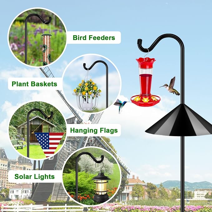 FEED GARDEN 92’’ Bird Feeder Pole Squirrel Proof 1 Pack, Adjustable Tall Shepherds Hooks for Outdoor with 7 Prongs Base, Heavy Duty Shepherd Hook with Baffles, Pole for Bird Feeder, Plant Baskets
