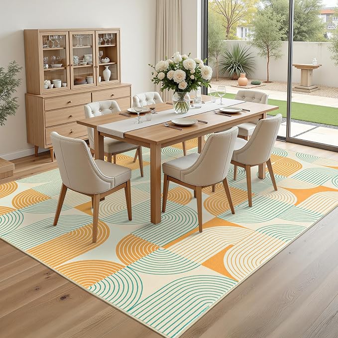8x10 Area Rugs Washable Living Room Rug - Non-Slip Carpets Modern Rug | Neutral Soft Abstract Carpet Indoor Floor Stain Resistant Large Carpets for Bedroom Dining Room Nursery Home Office, Orange