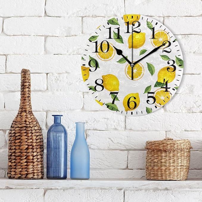 ALAZA Home Decor Summer Lemon Fruit Leaves 9.84 inch Round Acrylic Wall Clock Non Ticking Silent Clock Art for Living Room Kitchen Bedroom(Black Pointer)