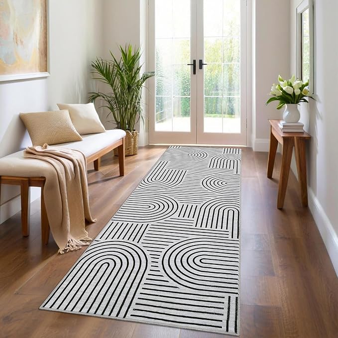 ROYHOME Modern 2x6 Hallway Runner Rug Non Slip Soft Kitchen Rug Blackwhite | Abstract Washable Mat, Rainbow Geometric Runners Rugs for Bedroom, Long Rugs for Entryway Arch Pattern Bathroom Laundry Dorm