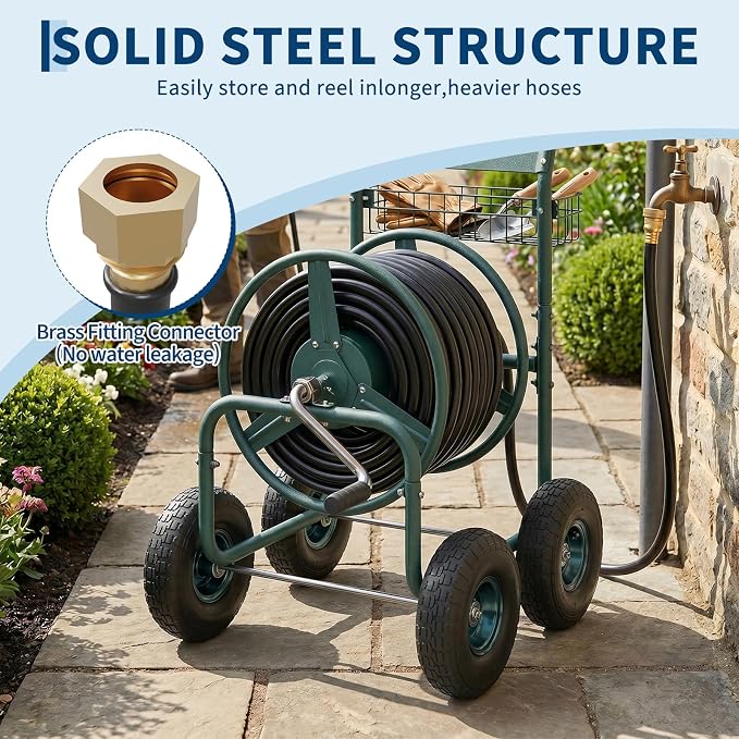 Garvee Garden Hose Reel Cart with Wheels, Hold Up to 300 ft of 5/8’’ Hose, Heavy Duty Water Hose Reel with Storage Basket, 4 Large Pneumatic Tires, Mobile Outdoor Hose Storage for Garden, Yard, Farm