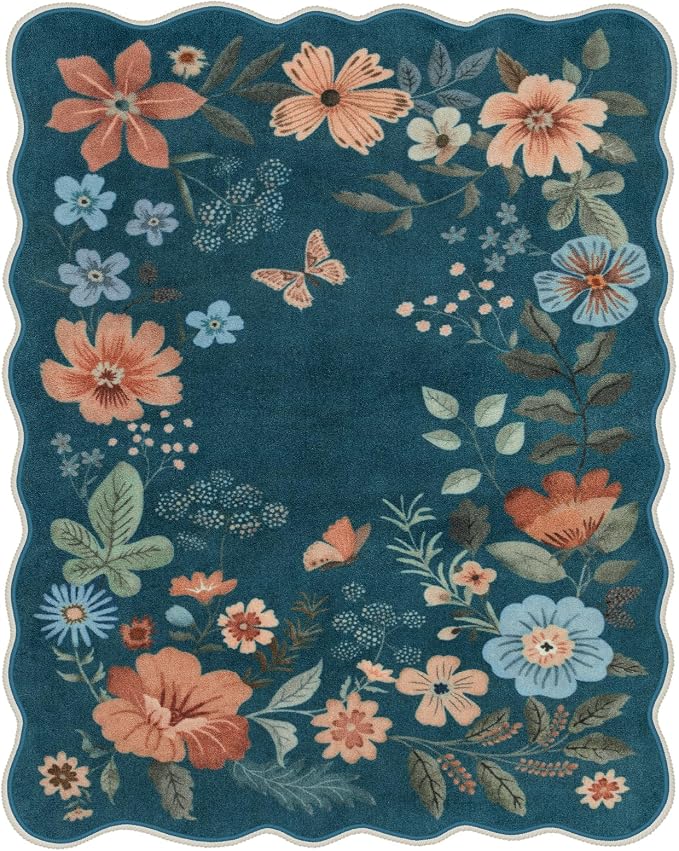 Lahome Floral Washable 6x9 Area Rugs, Soft Bedroom Rugs for Living Room | Ultra-Thin Non Slip Dining Room Rug, Stain Resistant Boho Blue Rugs Throw Carpet for Office Flore (6'x9',Navy Blue)
