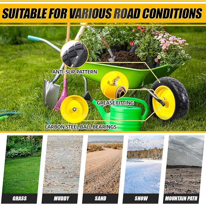 MZREXN 4.80/4.00-8" Flat Free Tire and Wheel 15" Wheelbarrow Tires | 3.00-4.00/4.80-8" Solid Tire with 5/8" & 3/4" Bearings, 3" Centered Hub for Hand Truck Garden Trailers 2PCS Yellow