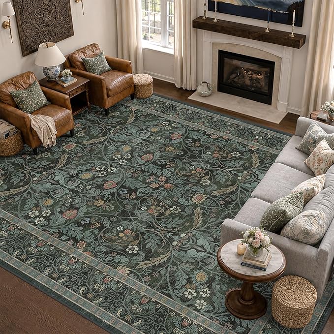 Washable Area Rug 9x12 Living Room, Ultra Soft Dark Floral Large Washable Rugs for Bedrooms, Dining Room, Moody Woodland Low Pile & Non Skid Indoor Floor Carpets (Dark Green)