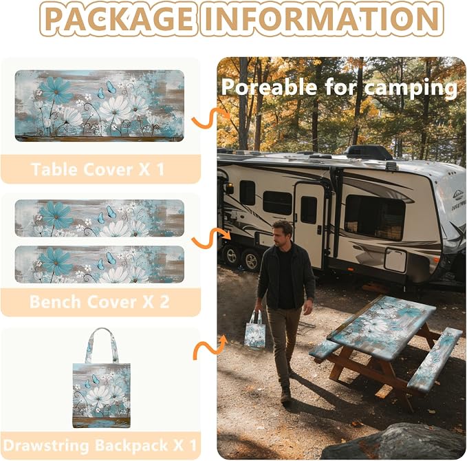 Picnic Table Cover with Bench Covers Elastic Edges, Outdoor Patio Camping Essentials 72 Inch 3PCS, Waterproof Camping Fitted Tablecloth with Handbags (Rustic Daisy Floral Art)