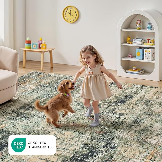 5x7 Area Rug for Living Room, Abstract Washable Non-Slip Rugs, Coffee/Green | Neutral Modern Carpet for Bedroom Dining Room Home Office Nursery, Stain Resistant Non-Shedding Foldable Indoor Rug