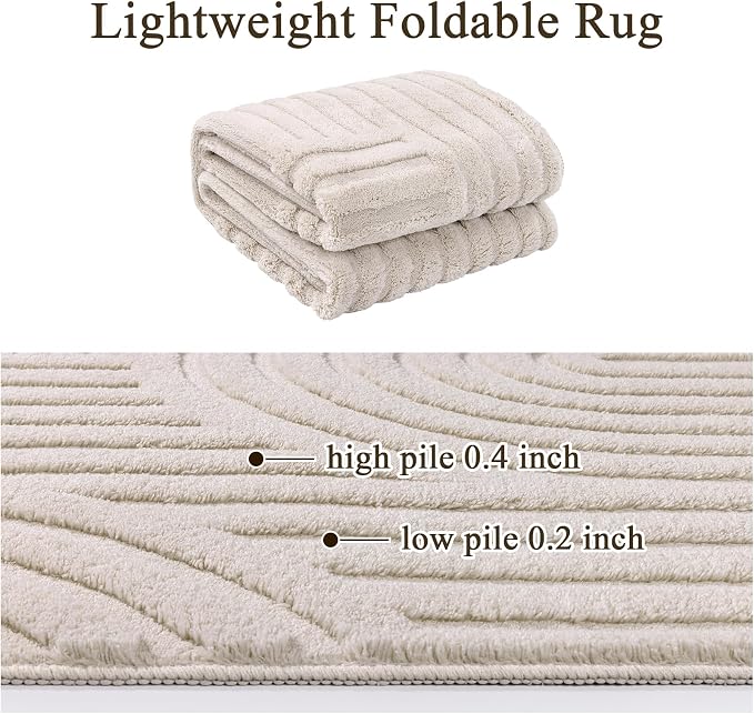 SHACOS Soft Cozy Fluffy Arch High Low Pile Runner Rugs 3x10 ft Non Slip Washable Scandinavian Minimalist Area Rug Runner Modern Carpet for Living Room Hallway Bedroom Bathroom Kitchen, Beige