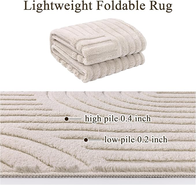 SHACOS Soft Cozy Fluffy Arch Pattern High-Low Pile Runner Rugs 2'x8' Non Slip Washable Scandinavian Minimalist Rug Runner Modern Geometric Carpet for Living Room Bedroom Bathroom Hallway, Beige