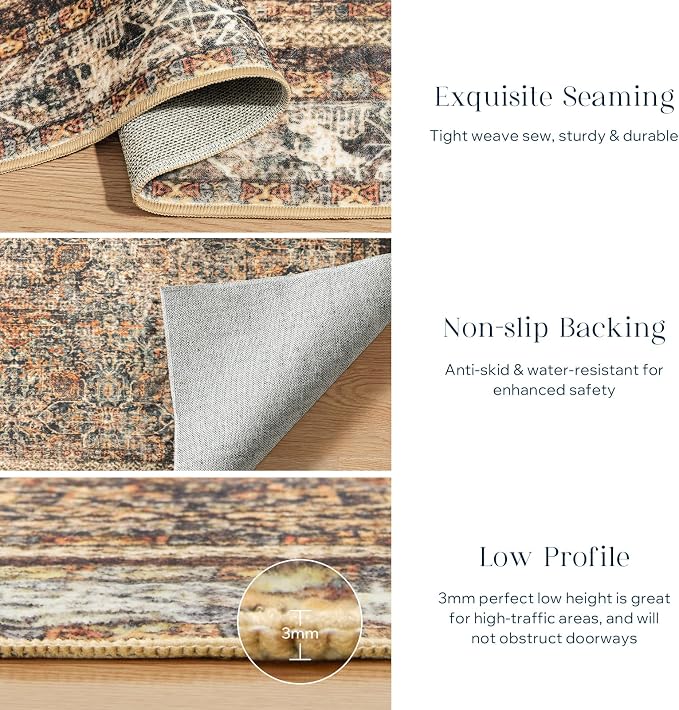 Phantoscope Washable Area Rug 6'x9' Non-Slip, Vintage Neutral Rugs for Living Room, Bedroom, Dining Room, Distressed Boho Floral Medallion Pattern, Low-Pile Foldable Carpet, Brown/Charcoal Spice