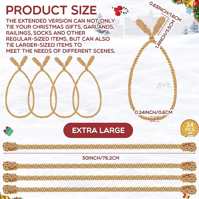 Zhengmy 24 Pcs 30 Inch Christmas Garland Ties Decorative Twist Ties for Banister Reusable Flexible Twist for Stairway Christmas Garland Hanger Xmas Railing Decor Holiday Craft Wrapping(Gold)