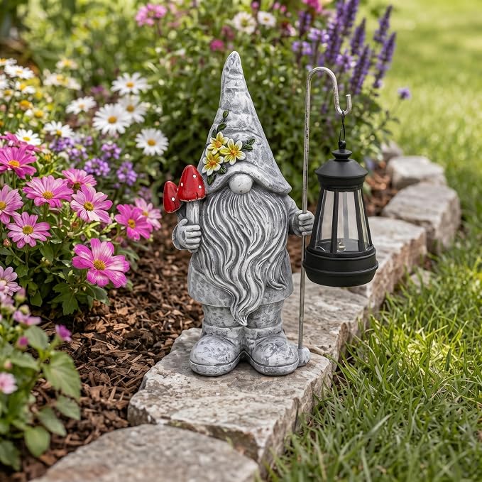 Garden Gnome with Solar Lantern: Outdoor Weatherproof Statue | Home Yard Lawn Porch Balcony Patio Decor,Birthday Gifts for Mom Women Grandma