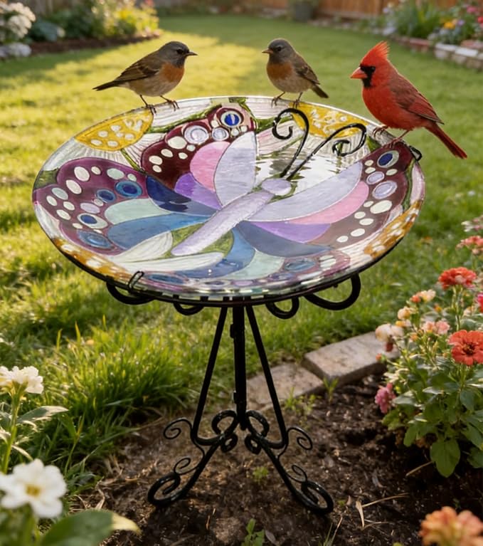 Large Bird Bath for Outside, 18" D Glass Bath Bowl with Metal Stand 28" H Standing Outdoor Birdbaths for Garden Yard Lawn Decor, Butterfly-B