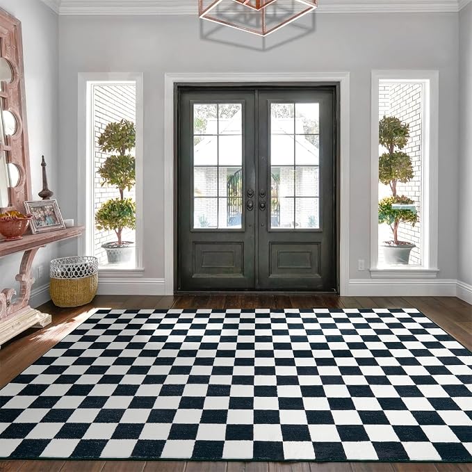 Vintage Checkerboard 5x7 Living Room Rugs Indoor Geometry Carpet Washable, Ultra Thin Boho Black and White Cute Retro Aesthetic Funky Area Rugs for Kitchen Bedroom Dorm Entryway
