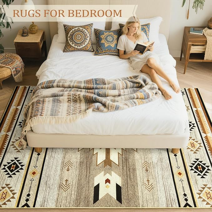 BENRON Western Area Rugs for Living Room Bedroom 6x9, Washable, Beige Brown | Non Slip Southwest aztec Large Rugs for Dining Table Kitchen Home Decor