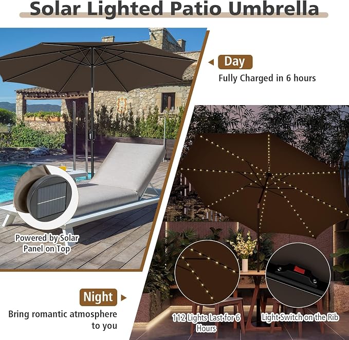HAPPYGRILL 10 FT Solar Patio Umbrella with 112 LED Light, Outdoor Umbrella with Tilt Adjustment, Crank System, 8 Metal Ribs & Vented Top, Deck Table Market Umbrella for Garden Pool Deck Yard