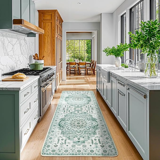 LBRO2M Machine Washable Rug Soft Pet Friendly Carpet 2'6" x 8' Green | Persian Runner Rug 2'6"X8' for HallWay, Bedroom, Kitchen, Laundry Room, Non Slip Carpet, Foldable Stain Resistant Rugs