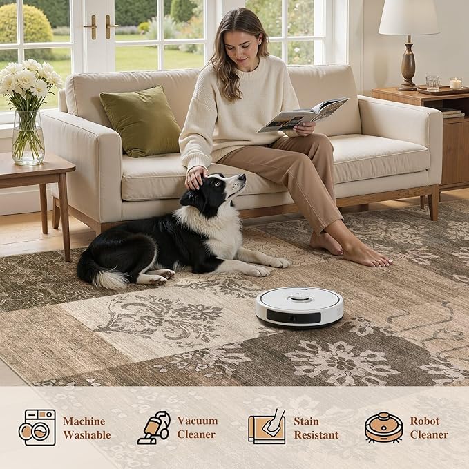UERMEI 6x9 Area Rug for Living Room, Washable Brown Modern Geometric Patchwork Non Slip Stain Resistant Low Pile Foldable Carpet for Bedroom Dining Farmhouse Home Office