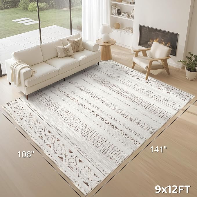 cotiled Boho 9x12 Area Rug for Living Room: Large Moroccan Washable Rug | Solve Modern Trendy Home Decor - Stain Resistan Carpet for Bedroom Brown Cream