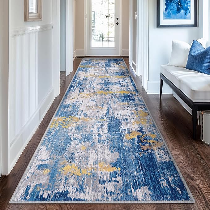 RELEANY Washable Runner 2'x6' Abstract Area Rug for Hallway Blue Gold | Carpet for Kitchen, Entryway, Bathroom, Living Room, Bedroom, Printed Pattern, Non‑Slip, Soft, Stain‑Resistant, Easy to Clean