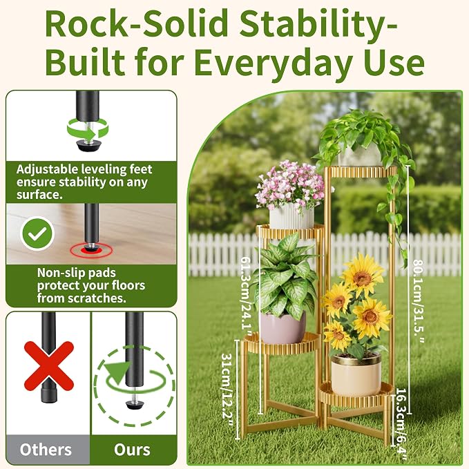 Stand Plants, 4 Tiers Metal Tiered Plant Stands for Outdoor Indoor,Heavy Duty Flower Pot Stands for Multiple Plants,Decoration Floding Tall Display Racks for Patio Porch -GoldFloroma