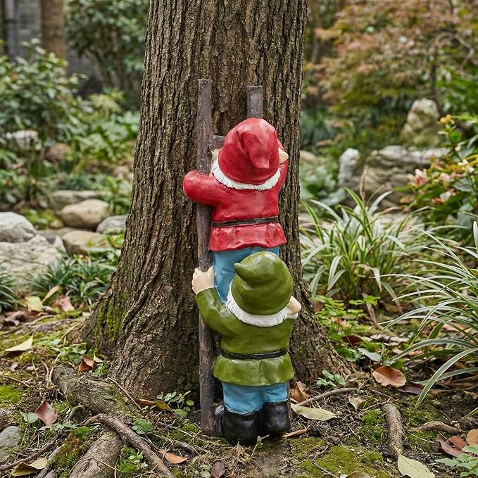 Elenon Funny Gnomes on Ladders Garden Statue, 14“ HIGH Gnomes Climbing Tree Figurine, Resin Outdoor Yard Lawn Decor, Cute Whimsical Patio Ornament for Garden, Porch, Backyard Decoration