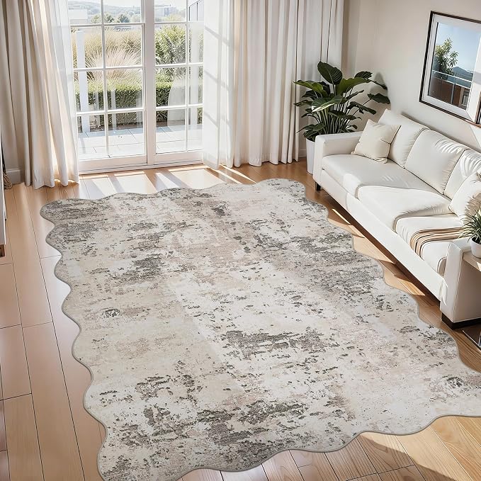 ROYHOME Modern Abstract Scalloped Area Rug 9x12, Brown Grey | Non Slip Non Shedding Rug Low Pile Stain Resistant for Bedroom Living Room