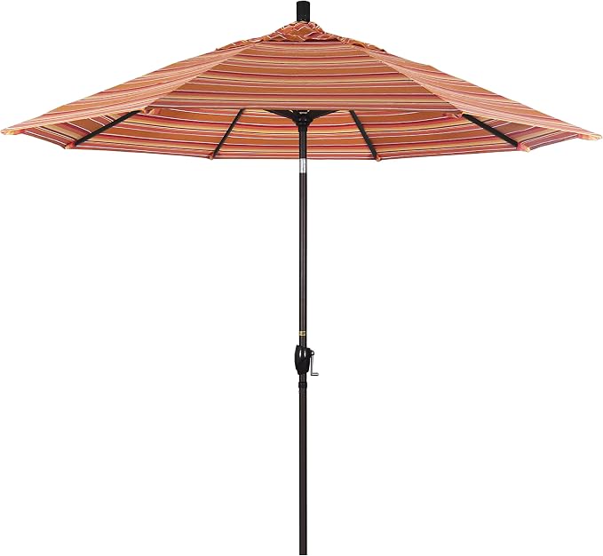 California Umbrella 9' Round Aluminum Market Umbrella, Crank Lift, Push Button Tilt, Bronze Pole
