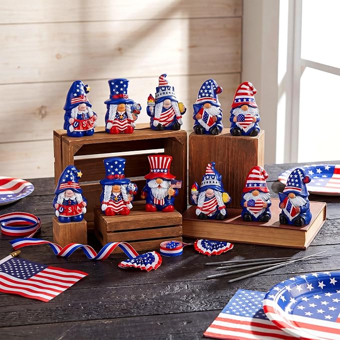 Yaomiao 60 Pcs Mini Resin 4th of July Gnomes Figurines Bulk Small Resin Patriotic Gnome 250th Anniversary Miniature Gnomes USA America Independence Day Decoration for Table Landscape Tiered Tray Decor