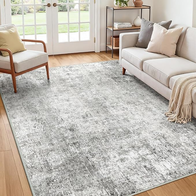 RELEANY Washable 5'x7' Abstract Area Rug for Living Room Gray White | Carpet for Bedroom, Kitchen, Office, Hallway and Entryway, Printed Pattern, Non‑Slip, Soft, Stain‑Resistant, Easy to Clean