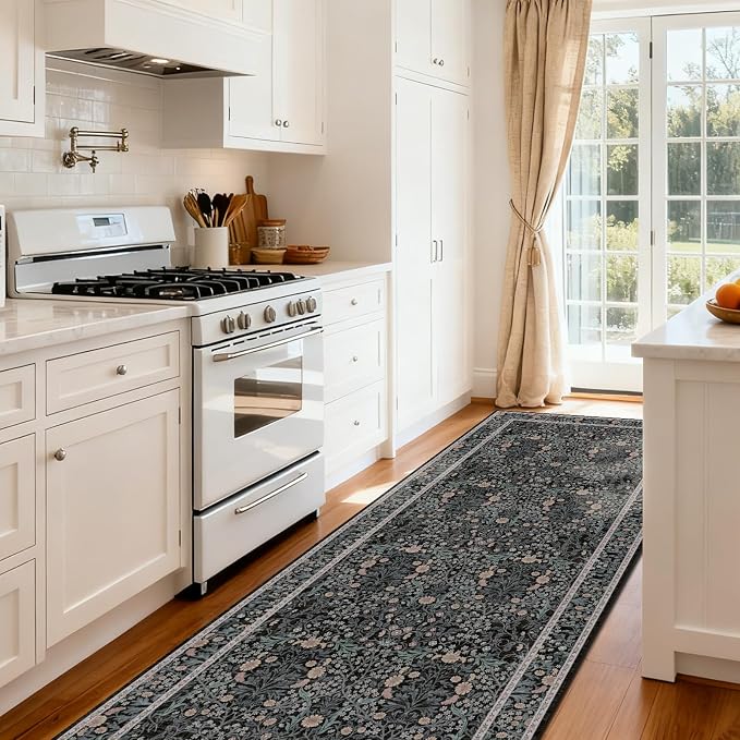 Washable 2' x 6' Runners for Hallways, Non Slip Long Floor Runner for Kitchen, Entryway Indoor, Stain Resistant Rubber Backing Floral Decor Rug (Black)