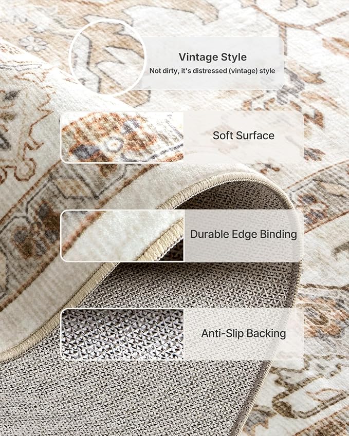 AMADA HOMEFURNISHING 2'6"x8' Washable Area Rug, Low-Profile Entryway Rug with Non-Slip Backing & Durable Edge Binding, Vintage Rug Pattern, Small Rugs for Entryway, Kitchen & Living Room