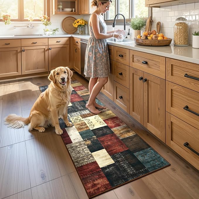 Runner Rug for for Hallways, 2'x6' Washable Kitchen Rugs with Non Slip Rubber Backing, Soft Low Pile Non-Shedding Geometric Carpet for Laundry Bedroom Bathroom, Colorful